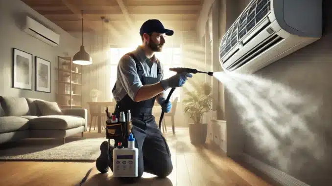 Técnico uniformizado limpando um ar-condicionado em uma sala moderna e iluminada, com ferramentas especializadas e foco em higiene e eficiência.